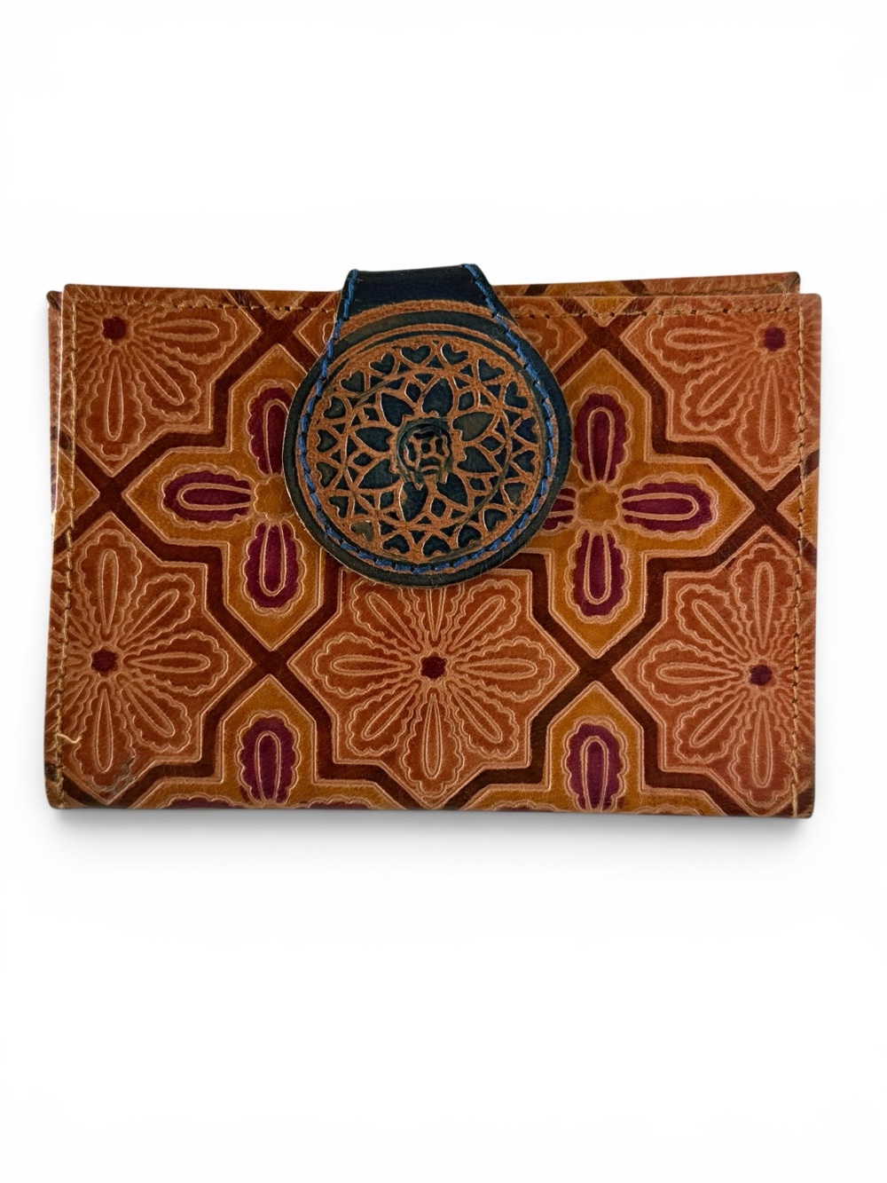Vintage Hand-Tooled Leather Checkbook Cover Wallet Floral Geometric Snap Organiz